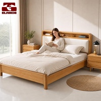 Cadre de lit double moderne en bois avec tête de lit rembourrée et rangement, et lattes en pin silencieuses pour chambre à coucher