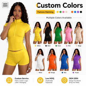 Set Yoga <span class=keywords><strong>Sexy</strong></span> da Donna in 2 Pezzi: <span class=keywords><strong>Top</strong></span> con Zip a Manica Corta e Pantaloncini Mini, Completo per Palestra, Fitness e Allenamento, Abbigliamento Athleisure - Product Image 3