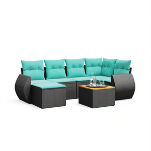 Set di divani da giardino in polyrattan nero, 7 pezzi con cuscini, mobili da esterno, stile contemporaneo, design moderno - Product Image 1