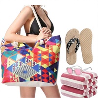 4 pièces bohème Kit de voyage d'été motif géométrique fourre-tout corde poignée tongs lunettes de soleil rayé serviette sac de plage ensemble pour femme