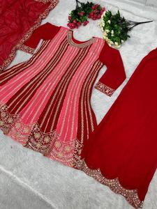 Hermoso diseñador rojo indio 3-PC Readymade Salwar Kameez bordado terciopelo Kurta Palazzo Dupatta impreso decoración fiestas - Product Image 2