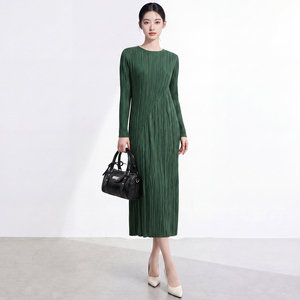Women's Long Sleeve Casual Ruched Pleated Midi <b>Dress</b> Solid Color Minimalist Style Polyester Breathable Fitted <b>Elastic</b> Washable - Product Image 5