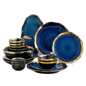 Antique Blue Nordic Ceramic Dinnerware Set Kiln Glazed Bone China Tableware Set Luxury Plates Sets Dinnerware with Gold