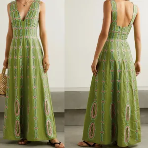 Cool Girl Summer Vacation Place Green Embroidered Fabric Deep V-neckline Floor-sweeping Skirt Maxi Dresses