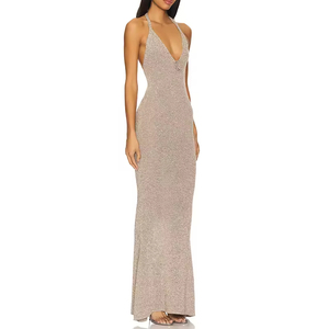 Knitwear Manufacturer Oem Odm 2025 Long Knitting Hollowout <strong>Dresses</strong> Summer Vacation Open Back Metallic Halterneck Sweater <strong>Dress</strong> - Product Image 2
