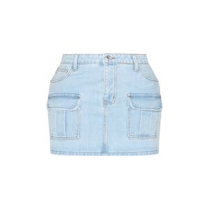กระโปรงยีนส์คาร์โก้สั่งทำพิเศษสำหรับผู้หญิง ผ้าฝ้าย 100% สีฟ้าอ่อนวินเทจ ทรงเอวสูง มีกระเป๋าหลายช่อง กระโปรงสั้นผู้หญิง - Product Image 5