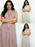 Robe chemise boutonnée sans manches pour femme, à rayures imprimées numériquement, avec ceinture, respirante, coupe classique, décontractée, pour le bureau et le quotidien, longueur genou, en satin