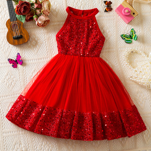 Abiti da Bambina Estate 2026, <span class=keywords><strong>Vestito</strong></span> Rosso Senza Maniche con <span class=keywords><strong>Paillettes</strong></span> e Tulle, 4 Colori, 3-7 Anni - Product Image 1