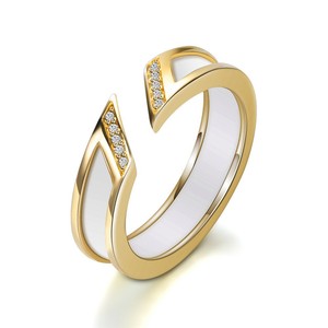 Ceramic <b>Ring</b> 5mm <b>Open</b> Round Asymmetrical Single Row Diamonds Geometric Design Unisex Jewelry Gift White Black Gold - Product Image 2