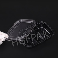 Emballage alimentaire jetable écologique en plastique PET RPET rectangulaire à 3 compartiments de 35 oz, base noire, couvercle transparent, boîte à salade