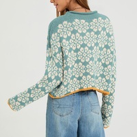 Pull en maille jacquard rose à motif floral pour femme, col montant, manches longues, coupe courte, ample, style rétro, motif floral, pull doux et décontracté