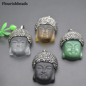 Verre sculpté tête de <span class=keywords><strong>bouddha</strong></span> laiton métal <span class=keywords><strong>argent</strong></span> plaqué pendentifs porte-bonheur pour femme hommes bijoux fabrication de colliers - Product Image 2