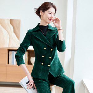 Women's <b>Red</b> Velvet Suit Set 2025 Double Breasted Warm Workwear Commute Outfit - Product Image 3