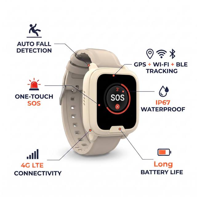SOS Watch with Fall Detection & Real Time GPS Tracking Medical Alert Wearable GPS Tracker EV06 Personal Emergency Response Watch