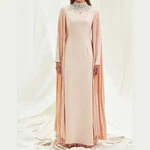 Khiêm tốn buổi tối ăn mặc EID sang trọng màu hồng hạt thêu thời trang Crepe kaftans cho phụ nữ ăn mặc khiêm tốn