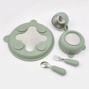 Juego <span class=keywords><strong>de</strong></span> Vajilla para Bebés <span class=keywords><strong>de</strong></span> Silicona y Acero Inoxidable 304, Plato con Succión, Taza, Cuchara y Tenedor, Diseño Animal - Product Image 3