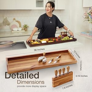 Planche de service et de découpe en bambou, grande et épaisse, pour charcuterie, avec porte-couteaux et tiroirs pour ustensiles - Product Image 3