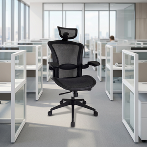 Chaise de bureau ergonomique moderne en maille avec accoudoirs réglables, appui-tête intégré et design pivotant pour usage commercial - Product Image 1
