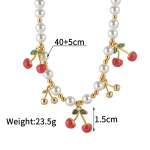 Collar de Perlas con Dije de Cereza y Fresa, Chapado en Oro, de Acero Inoxidable, Hipoalergénico, No se Deslustra, Regalo - Product Image 2