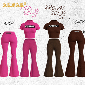 Custom Letter Printing Fall Activewear Sets <strong>Women</strong> Clothes Stand Collar Short Sleeve Zip Crop Top Flare Pants 2 Piece Tracksuit - Product Image 1