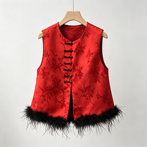 Red Floral Embroidered Women Tank <b>Top</b> Mandarin Vest Feather Trim Round Neck <b>Sleeveless</b> <b>Summer</b> Outerwear - Product Image 4