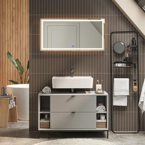 Vente directe d'usine, meuble-lavabo de salle de bain gris avec miroir LED - Product Image 1