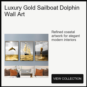 Quadro in Alluminio a Tre Pannelli con Barca a <span class=keywords><strong>Vela</strong></span> Dorata e Delfino, Paesaggio Marino per Soggiorno, <span class=keywords><strong>Hotel</strong></span>, Resort e Interni Costieri - Product Image 5