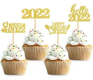 Glitter Happy New Year Toppers Cupcake 2024 Gold Hitam topper kue Cheers untuk 2024 kue pilihan untuk Tahun Baru malam dekorasi pesta