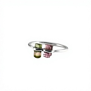 Minimalist <b>925</b> <b>Silver</b> <b>Ring</b> With Green And Pink Pencil Tourmaline Stones Bezel Setting Geometric Design Everyday Wear - Product Image 1