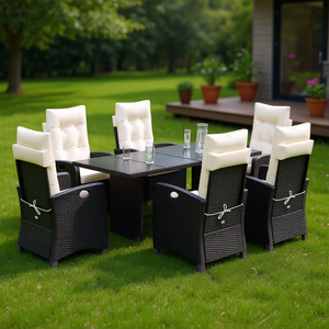 Ensemble de salle à manger de jardin en rotin blanc crème et noir, 6 places, mobilier d'extérieur résistant aux intempéries, design contemporain - Product Image 2