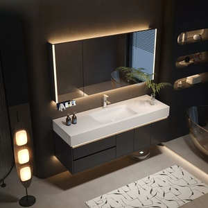 Modern <b>Wall</b>-Mounted Bathroom Cabinet with Integrated Hot-Bent Stone Slab Sink Smart Lighting and <b>Mirror</b> - Product Image 5