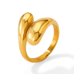 New Simple Water Proof Curve Bright Open Finger Ring Pvd 18k Gold Plated Water Drop Stainless Steel Flat Top Ring