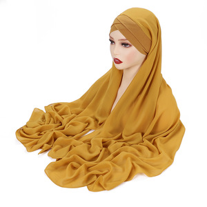 Ngay lập tức Hijabs voan khăn hijab với chéo Jersey Mũ nắp ca-pô thiết kế thương hiệu hồi giáo khăn voan 10 màu sắc cổ - Product Image 6