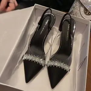 Sepatu hak tinggi wanita seksi, sepatu hak tinggi hak tinggi tipis lancip berlian imitasi transparan elegan
