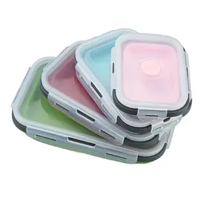 Kotak makan siang silikon lipat, kotak makan siang Bento lipat Salad ramah lingkungan tahan bocor dengan tutup