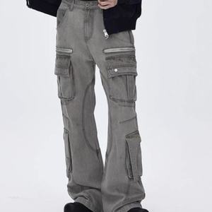 Pantalones Cargo de Pierna Recta con Múltiples Bolsillos, Estilo Urbano, Lavado Desgastado, para Hombre, Diseño Moderno con Cremallera - Product Image 1