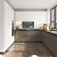 Kabinet Dapur Modern Minimalis Tanpa Gagang, Countertop Kuarsa Putih High Gloss, Lemari Dapur Plywood Soft Close