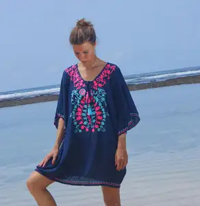 Buy Beautiful Indian Beach Embroidered Cover Up Dresses Rayon Bat Sleeve Tassel Tie Neck Chain Stitch Embroider Short Kaftan