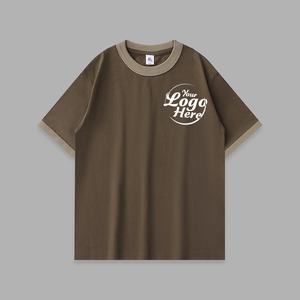 Estilo universitario Peso pesado Algodón puro Cuello redondo Suelto Empalme Color contrastante Camiseta de manga corta para hombre simple - Product Image 6