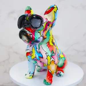 Creative Water Transfer Printing Artwork Resin Bulldog Statue Ornaments Colorful French Bulldog Statue With Sunglasses