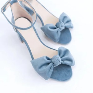 High Quality Summer Blue Block <b>Heel</b> Sandals with Bow Ankle Strap Open <b>Round</b> <b>Toe</b> Women's Sandals for Both Prom Evening Look - Product Image 1