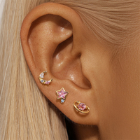 Ensemble de 3 boucles d'oreilles en argent 925 de haute qualité, série étoile rose et bleue, pour femmes