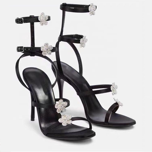 Sandales sexy pour femmes avec fleurs et diamants, escarpins à bride cheville et talons aiguilles pour robe - Product Image 6