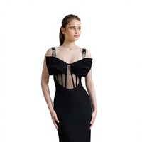 Robe longue noire de soirée de luxe à fines bretelles, transparente, à baleines, fendue et ajustée, nouvelle collection été