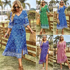 A415 baju pantai wanita, gaun Maxi Bohemian panjang kasual motif bunga, baju pantai musim panas, leher V polos