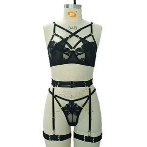 Wholesale Floral Lace Light 3Pcs Set Cut Sheer Bra <b>Thong</b> Multi-Strap Garter Belt Thigh Cuffs Women Sexy Breathable Nightwear OEM - Product Image 4