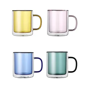 Tazza alta in vetro borosilicato colore all'ingrosso tazza da caffè in vetro a doppia parete da 300ml con manico