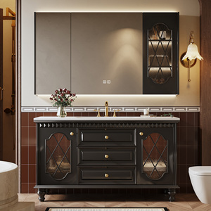 Mueble de Baño de Estilo Retro Francés, Gabinete de Madera Sólida, Espejo Inteligente, Almacenamiento, Montado en la Pared, Ecológico, para Hoteles y Villas - Product Image 2