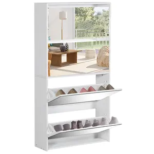 Hallway Furniture Modern Flip Down Wood White Shoe Cabinet Shoe Rack With Mirror