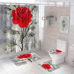 Rose rouge fleurs papillon imperméable rideau de douche ensemble tapis antidérapant tapis siège de toilette crique bain salle de bain décor - Product Image 1